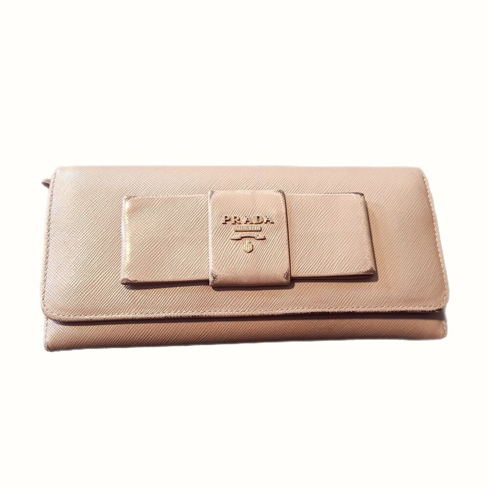 Prada (Authentic) Champagne Pink Leather & Gold Bow Accent Fiocco Long Wallet